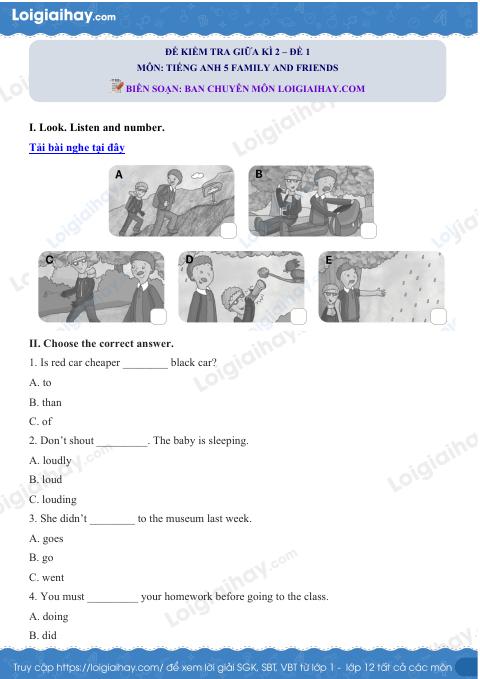 Đề thi giữa kì 2 Tiếng Anh 5 Family and Friends - Đề số 1